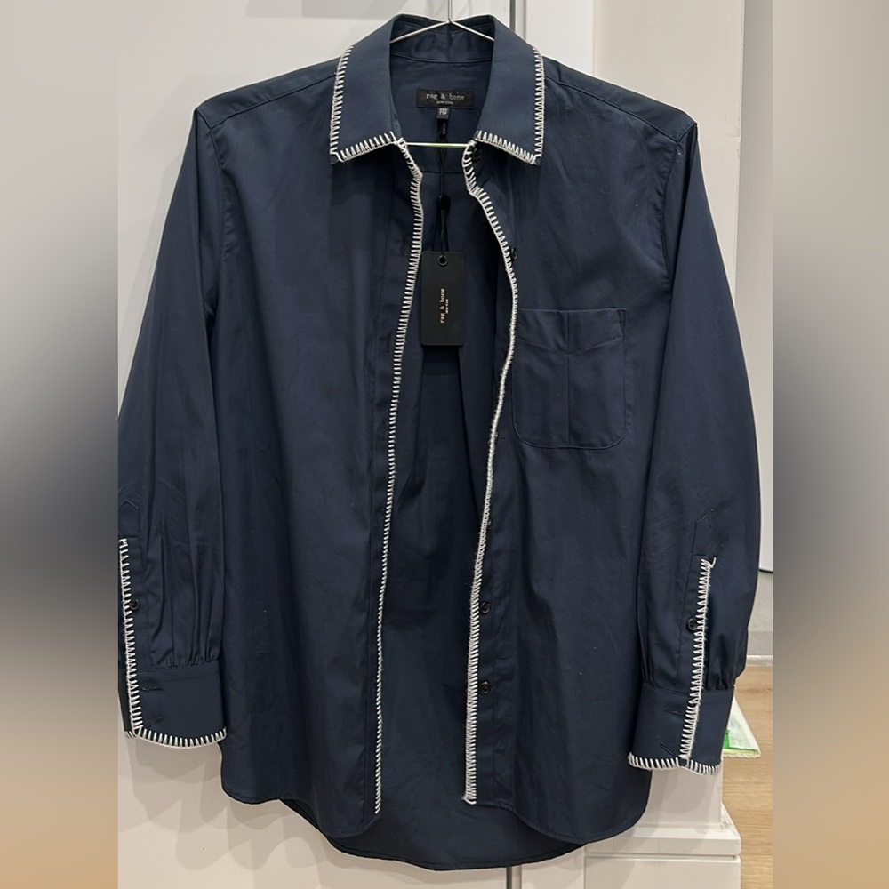 Rag & Bone Navy Blanket Stitch Shirt